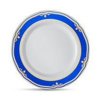 [10 Count - 6" Plates] Laura Stein Designer Tableware Premium Heavyweight Plastic White Dessert Plate With Blue & Gold Border Plastic Party & Wedding Plate Cobalt Blue Series Disposable Dishes