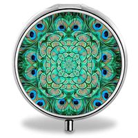 Pill Case Pocket, Round Stainless Medicine Tablet Pill case for Man Small, Compact 3 Compartment Pill Box for Travelling - Peacock Feathers