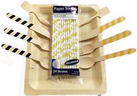 Perfect Stix Game Day 24-Michigan Tailgate Party Pack, 24 Pack Flexible Paper Straws, 24 Count Cutlery Set with Michigan Colors, 24 Count 10" Wooden Plates, 24 Pack 6" Cocktail Stirrers (Pack of 96)