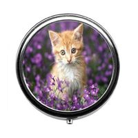The cat is in The Purple Flower Pill Box/Pill case-Round Pill Box/case- Three-Compartment Pill Box/Pill case