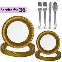 Metallic Gold Disposable Dinnerware - 36 Sets - Large Plates (10"), Small Plates (7"), Shiny Silverware (Spoon, Knife, 2 Forks)- Fancy Paper Party Supplies - Weddings, Holidays, Anniversaries, Events