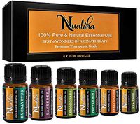 Nualoha Top 6 Aromatherapy Essential Oils Set-100% Pure Natural Bulgarian Lavender, Tea Tree, Sweet Orange, Eucalyptus, Lemongrass, Peppermint Oil Pack (6x10 ml) For Diffusers, Massage, Skin,Body Care