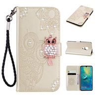 Strap Diamond Wallet Case for Huawei Mate 20,Aoucase Luxury 3D Owl Bling Gems Magnetic Cute Mandala Print PU Leather Soft TPU Stand Flip Case with Black Dual-use Pen - Gold
