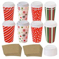 Disposable Coffee or Hot Chocolate Cups and Lids - Holiday Design (12-ct with Blank Kraft Sleeves)