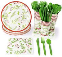 Christmas Disposable Dinnerware Set - Serves 24 - Festive Holiday Party Supplies, Holly Berry and Leaves Design, Includes Plastic Knives, Spoons, Forks, Paper Plates, Napkins, Cups
