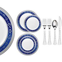 Royalty Settings Royal Collection Heavy Duty Plastic Plates for Weddings for 20 Persons, Includes 20 Dinner Plates, 20 Salad Plates, 40 Forks, 20 Spoons, 20 Knives, Blue and Silver Rim