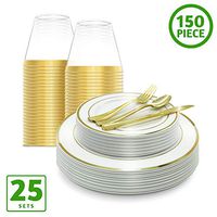 EcoEarth Gold Plastic Plates with Silverware & Disposable Cups Set (150 Piece Set), Plastic Dinnerware Set Includes 25 Dinner Plates, 25 Salad Plates, 25 Forks, 25 Knives, 25 Spoons, 25 Plastic Cups