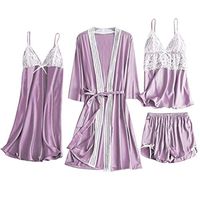 TIFENNY 4PC Sets Pajamas for Women Satin Lace Camisole Bowknot Shorts Nightdress Robe Pajamas Lingerie Sleepdress
