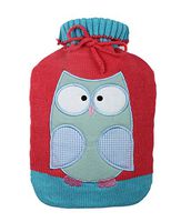 Large 2 Liter Soft Cute Hot Water Bottle Knit Cover - ONLY Cover (2 L, Red with Owl)