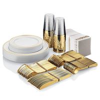 25 Guest Disposable Gold Plastic Dinnerware Set ​​| 50 Forks, 25 Spoons, 25 Dessert Spoons, 25 Knives, 25 Dinner Plates, 25 Dessert Plates & 25 Gold Rimmed Cups | Bonus 50 Guest Towels
