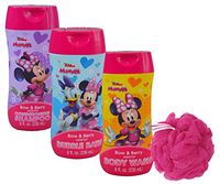 Disney Minnie Mouse Girl's 4pc Bathroom Collection! Includes Body Wash, Shampoo, Bubble Bath & Bath Scrubby!