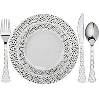 Tiger Chef Heavy Duty Silver Hammered Rim Disposable Party Supplies Set Service For 60 Guests Includes 60 10.25" Dinner Plates 60 7.5" Plates 60 Cutlery Sets Forks Spoons Knives BPA-Free 300-Pack