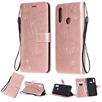 Amocase Wallet Leather Case with 2 in 1 Stylus for LG W30,Premium Strap 3D Butterfly Magnetic PU Leather Stand Shockproof Card Slot Case for LG W30 - Rose Gold