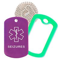 Seizures Medical Alert ID Necklace with Purple Tag, Green Silencer, and 30'' USA Chain - 154 Color Choices