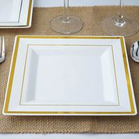 BalsaCircle 20 pcs 8-Inch White with Gold Trim Plastic Square Plates - Disposable Wedding Party Catering Tableware