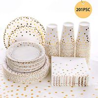201Pcs Gold Dot Disposable Party Supplies, Paper Plates, Napkins Cups, 1 Plastic Tablecloth, 50 Dinner Plates, 50 Dessert Plates, 50 9 oz Paper Cups, 50 Luncheon Napkins, for Baby Shower Wedding Party