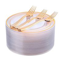 72 Pieces Gold Dessert Plates 7.5" & 72 Pieces Gold Disposable Forks 7.4", Clear Plastic Plates, Fancy Salad Plates and Appetizer Plates for all Holidays & Occasions