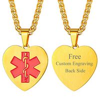 Heart Caduceus Medical Alert Necklace EMC Jewelry Personalized Medic Message Engrave 18K Gold Plated Tag for Diabetes/Epilepsy/Allergies/Heart Disease/Pacemaker