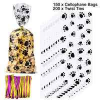 WeiMeet 150 Pieces Cellophane Bags Paw Print Bags Heat Sealable Treat Candy Bags Cone Dog Gift Bags Cat Treat Bags with 200 Pieces Twist Ties for Pet Treat Party Favor