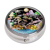 Mother of Pearl Longevity Long Life Emblems Pill Box - Compact 3 Compartment Portable Round Travel Camping Vitamin Medicine Case Holder Container Organizer for Pocket Purse
