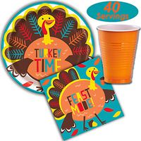 Turkey Thanksgiving Party Supplies - 40 Servings - Paper Dinner Plates, Napkins, Plastic Cups (12 oz) - Fun and Creative Colored Disposable Tableware Kit for Kids and Adults
