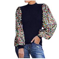 Kiyotoo Women Fashion Mock Neck Lantern Sleeve Sweatshirts Sequins Colorblock Insert Top Blouse Pullover Shirt Navy