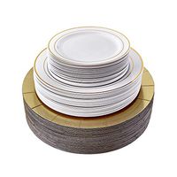 MODERN ELEGANT DISPOSABLE 120 PC DINNERWARE SET | Heavy Duty Plastic Dishes | 40 Chargers | 40 Dinner Plates | 40 Salad Plates | for Upscale Wedding and Dining | Golden Glare Collection (White/Gold)
