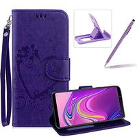 Herzzer PU Leather Case for Galaxy A9 2018,Strap Magnetic Wallet Folio Cover for Galaxy A9 2018, Elegant Slim Purple [Love Hearts Flower Embossed] Stand Phone Case