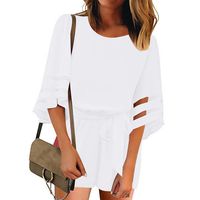 Handyulong Womens Rompers Summer 3/4 Sleeve Mesh Panel Drawstring Casual Playsuit Shorts Rompers Jumpsuit for Teen Girls White
