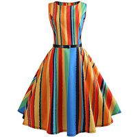 Danhjin Vintage Tea Dress Striped Print Sleeveless Garden Retro Swing Prom Party Cocktail Wrap Dress for Women