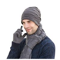 Theoylos Mens Winter Beanie Hats Scarf Gloves Three-Piece Warm Knit Hats Plus Velvet Skull Cap Fleece Lined Ski Cap Gray