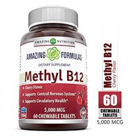 Amazing Nutrition Methyl B12 Dietary Supplement - 5000 mcg (Vitamin B12 (Methylcobalamin), 60 Chewable Tablets (Non-GMO,Gluten Free) - Supports Nervous System, Circulatory Health & Energy Metabolism