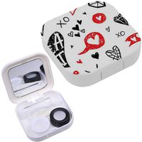 Portable Contact Lens Case Box Travel Kit Mirror + Bottle + Tweezers Container Holder [ Doodle Rustic Hearts ]