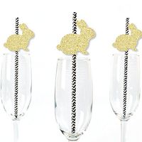 Gold Glitter Bunnies Party Straws - No-Mess Real Gold Glitter Cut-Outs & Decorative Easter Paper Straws - Set of 24