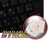 SPANISH (LATIN AMERICAN) KEYBOARD STICKERS WITH ORANGE LETTERING ON TRANSPARENT BACKGROUND