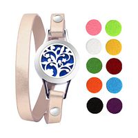 Gouraml Essential Oil Diffuser Bracelet for Women Aromatherapy Anxiety Jewelry Hypo-allergenic 316L Surgical Stainless Steel with Gold Leather Band 10 Different Color Pads Gift Set (Tree Of Life)