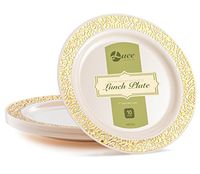 LACE Plastic Party Disposable Plates | 9 Inch Hard Round Wedding Plates for Dinner / Lunch | Ivory with Gold Rim, 20 Pack | Elegant & Fancy Heavy Duty Party Supplies Plates for All Holidays