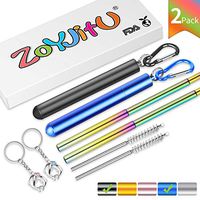 Telescopic Reusable Straws - ZOYJITU Portable Travel Stainless Steel Drinking Straw with Key chain Cases & Cleaning Brush & Dolphin key chain pendant(Bule & Black-Rainbow Straw)  