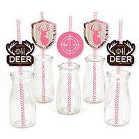 Pink Gone Hunting - Paper Straw Decor - Deer Hunting Girl Camo Baby Shower or Birthday Party Striped Decorative Straws - Set of 24
