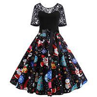 QIUUE 2020 Christmas Print Vintage Dress Lace Stitching Print Short Sleeve Dress Retro Flare Dress S~3XL Black