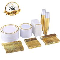 700 Piece Gold Dinnerware Set-200 White and Gold Plastic Plates-Set of 300 Gold Plastic Silverware-100 Gold Plastic Cups-100 Disposable Hand Towel- Disposable Gold Dinnerware Set for Party…