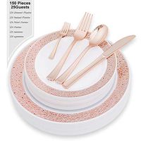 150PCS Wedding Dinnerware Sets Disposable Rose Gold Plastic Silverware for Wedding Include 25 Plastic Dinner Plates, 25 Plastic Appetizer Plates, 25 Forks, 25 Knives, 25 Spoons with 25 Mini Forks-N9R