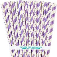 Lavender Lilac White Paper Straws - Stripe Polka Dot - 7.75 inches - 100 Pack - Outside The Box Papers Brand