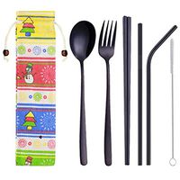 Stainless Steel Flatware Set, Travel Camping Cutlery Set, 6 Pieces straw Spoon Set, Portable Travel Silverware Dinnerware Set with a Organizer bag (Bag5-Black)