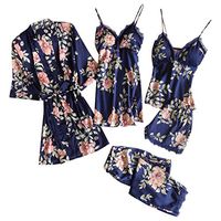 TIFENNY 5PCS Sexy Lace Satin Robe Bathrobe Cardigan Trousers Shorts Tops Lingerie Set Pajamas Sleepwear Lace Sleepdress