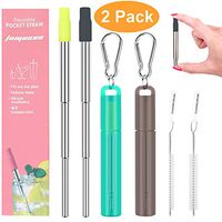 2 Pack Reusable Portable Metal Straws, Fomuson Telescopic Foldable Stainless-Steel Drinking Straw with Case and Cleaning Brush Carabiner for Coffee Juice Smoothie Milkshake BPA Free (Green, Grey)