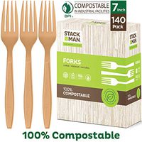 Stack Man Disposable Forks [140 Pack] 100% Compostable Plastic Silverware, Large Premium Heavy-Duty Flatware Utensils Eco Friendly BPi Certified, 7.5 Inch, Organic Natural Wood Color Tableware