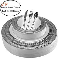 Tiger Chef Plastic Dinnerware 300 Piece Set Service For 60 Guests Includes 60 10.75-inch Dinner Plates 60 7-inch Salad Plates 6 Cutlery Sets Forks, Spoons, And Knives Disposable BPA Free