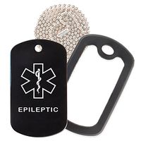 Epileptic Medical Alert ID Necklace with Black Tag, Black Silencer, and 30'' USA Chain - 154 Color Choices
