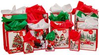 Christmas Gift Bag Variety Pack (60 Pieces) - 15 High Quality Gift Bags Various Sizes - 15 Sheets of Each Green, Red, and White Tissue Paper - iDeal Brandz - Christmas Scenes